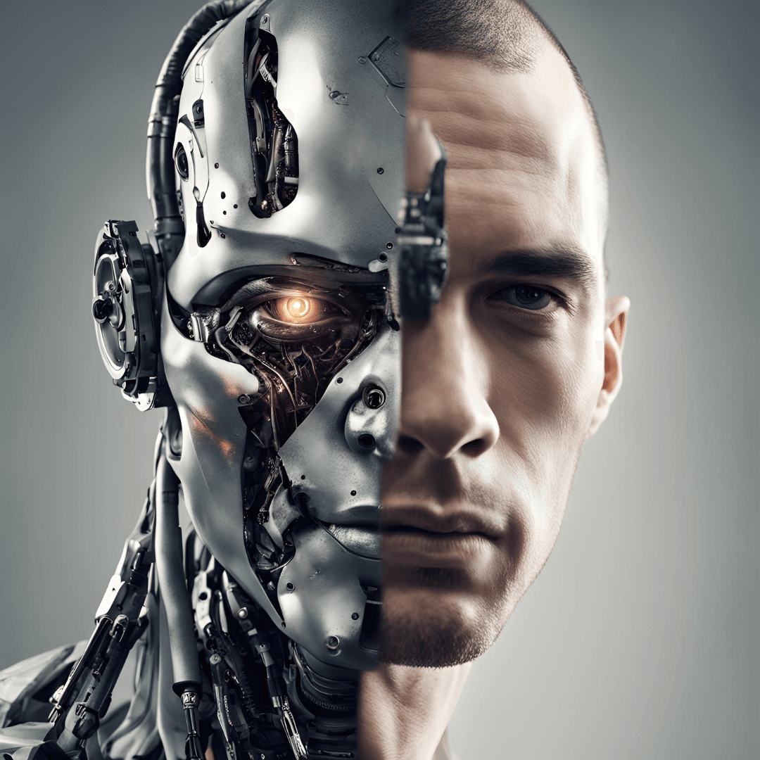 Face split down the middle: half exposed robot machinery with a glowing eye, half human