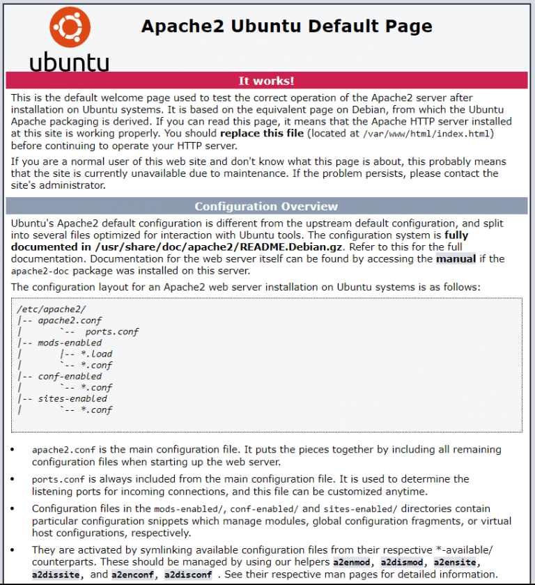 Apache2 Ubuntu default page confirming the web server installed and is running