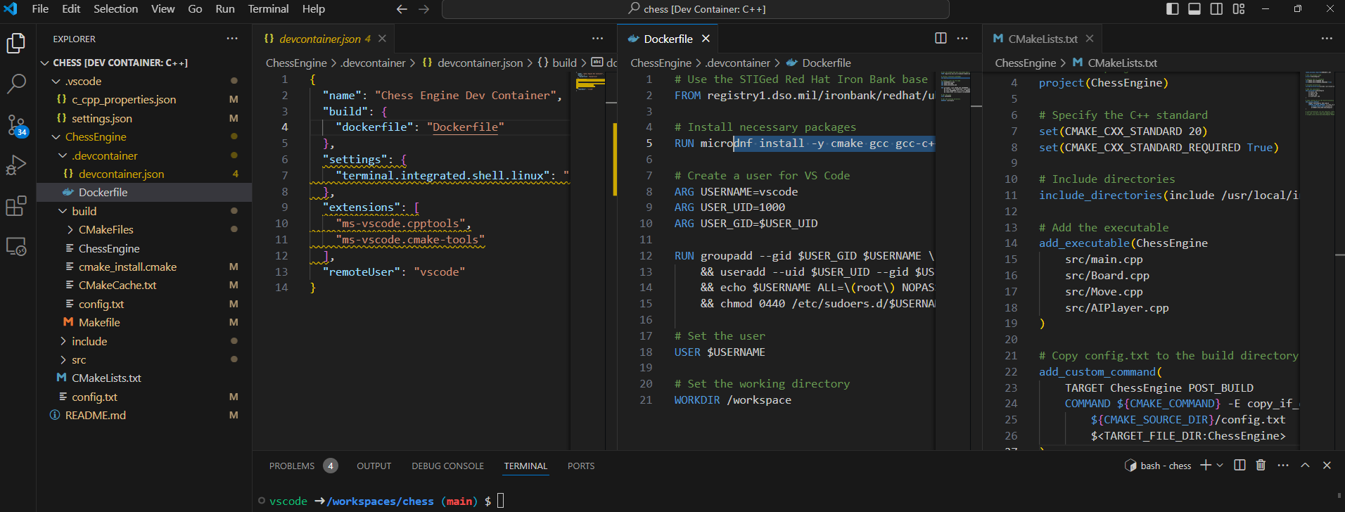 VS Code with a dev container open, showing devcontainer.json, a Dockerfile, and CMakeLists.txt for the chess engine