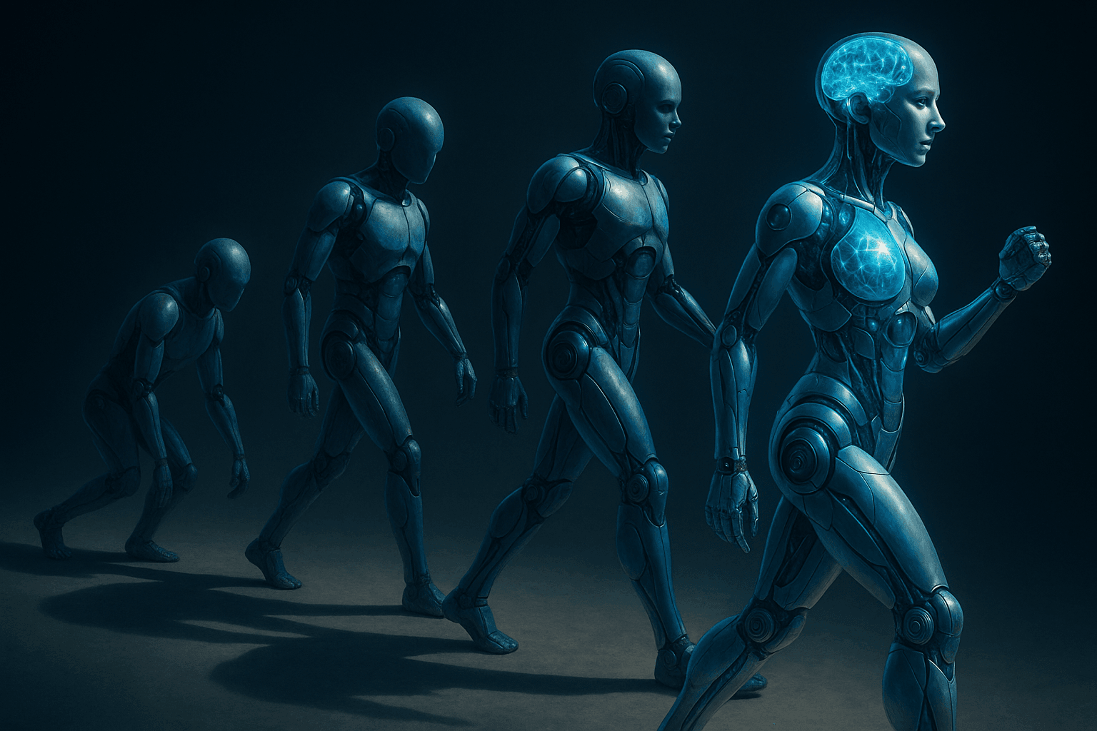 Four blue humanoid robots walking in a line, evolving from hunched to upright, the last with a glowing brain