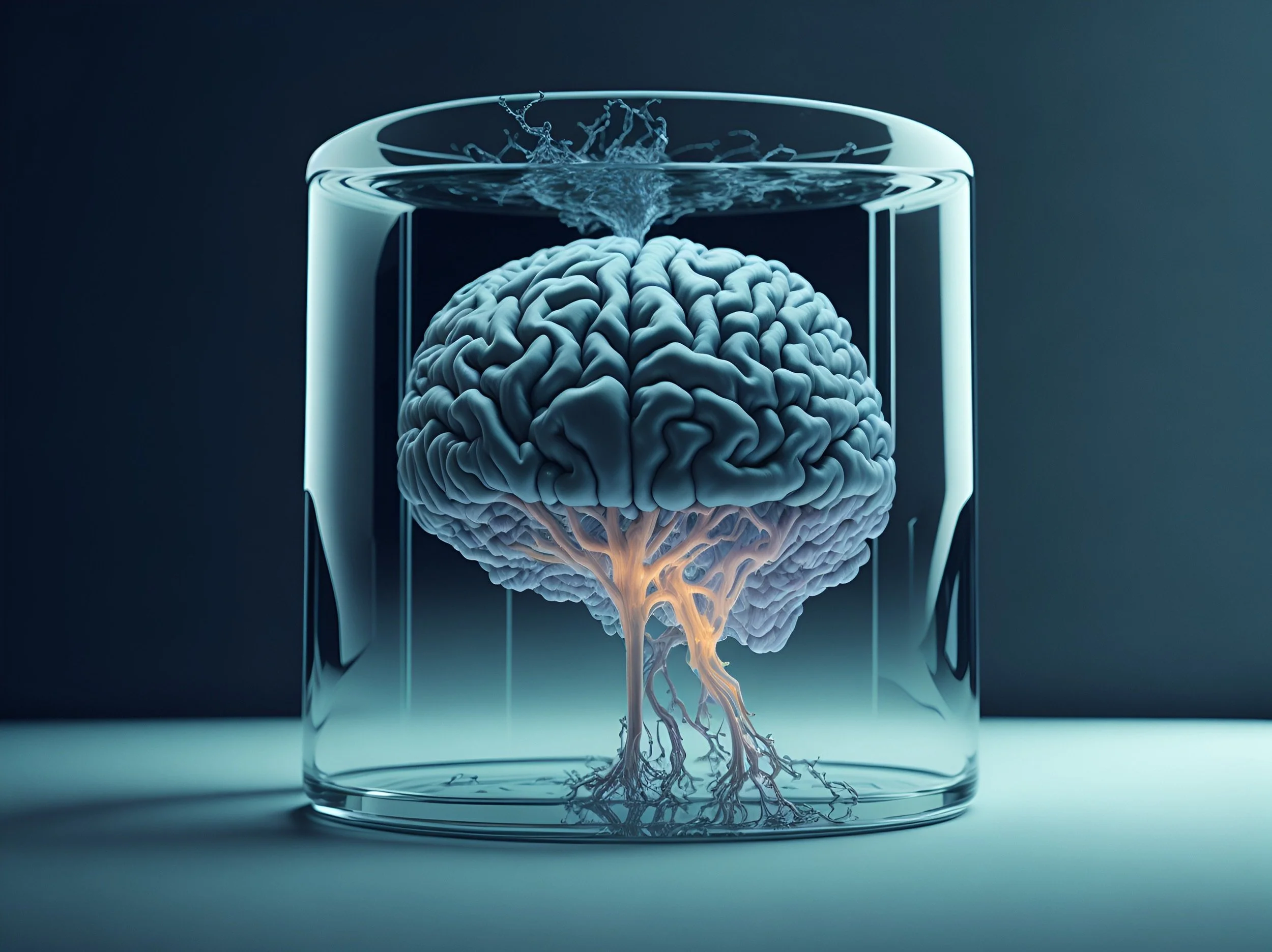 Human brain suspended in a glass jar with glowing root-like nerve fibers extending downward