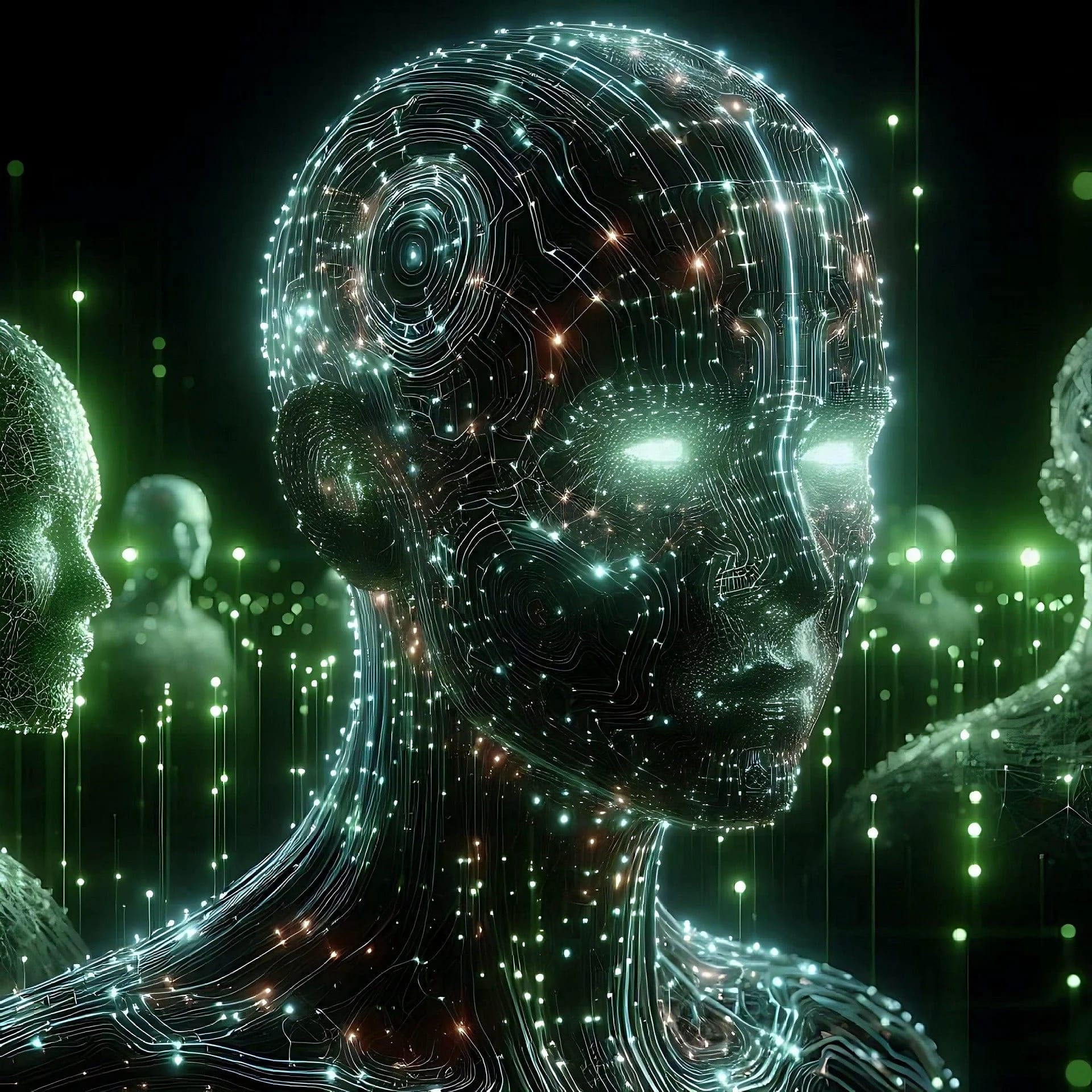 Glowing green circuit-patterned humanoid head with other digital faces in the background