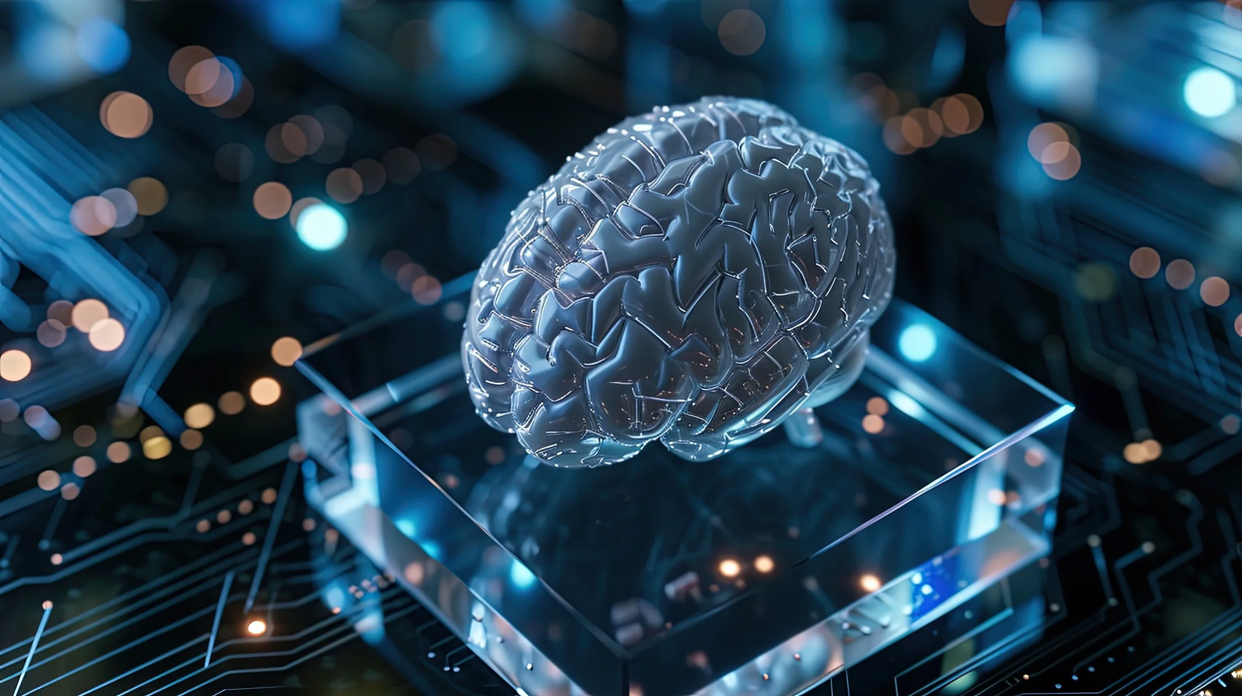 Glossy translucent brain resting on a glass block above a glowing circuit board