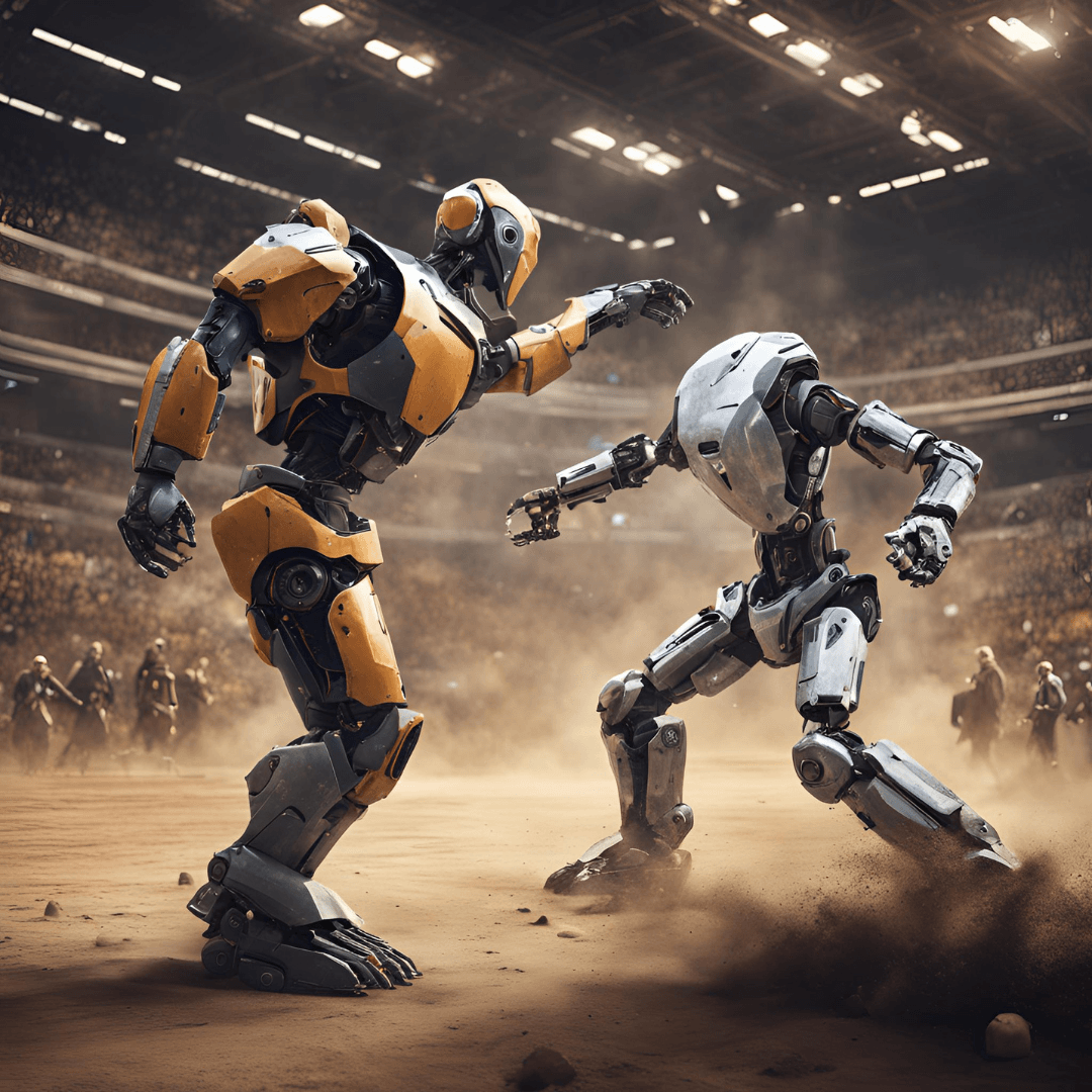 Two humanoid robots, one orange and one silver, fighting in a dusty arena
